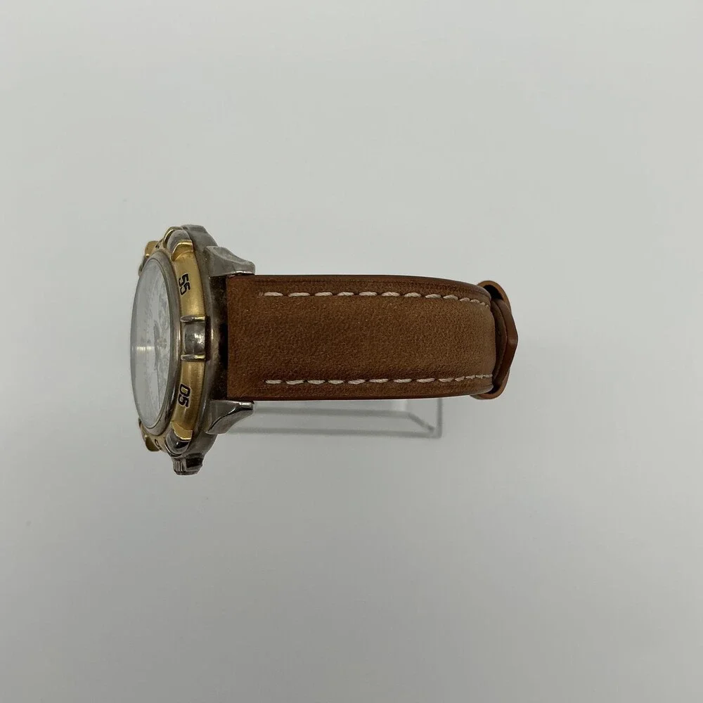 Vintage Guess Mens Watch 38mm White Dial Brown Leather Moonphase New Battery